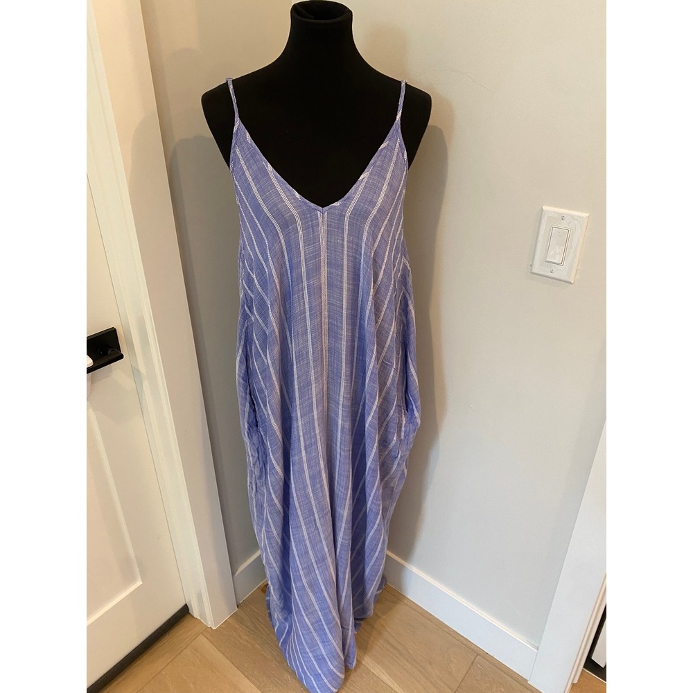 Elan Blue White Stripe Sleeveless Cover-Up Maxi Dress with Pockets Womens OS